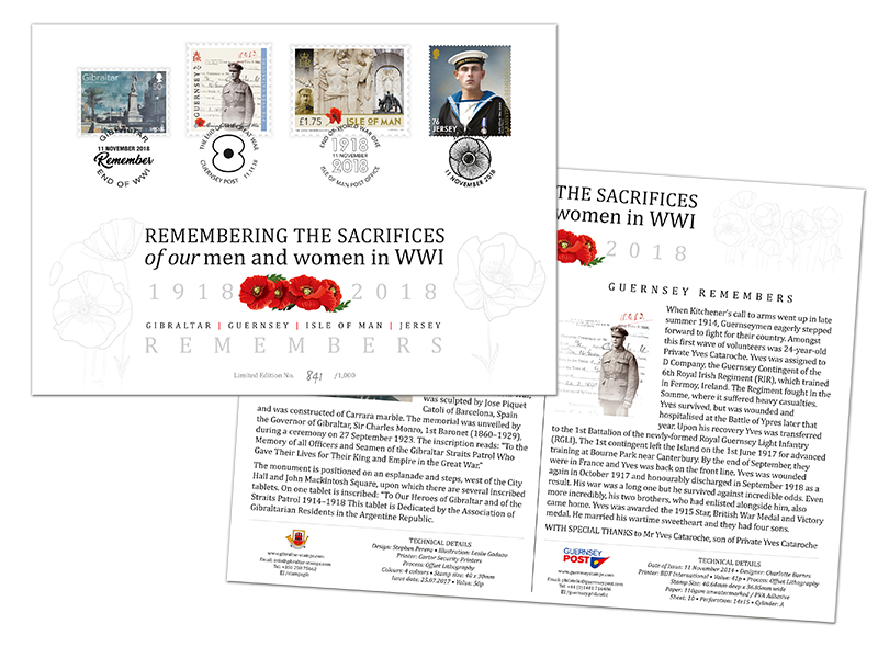 Guernsey, Gibraltar, Jersey and Isle of Man issue joint Limited Edition WWI Commemorative Envelope